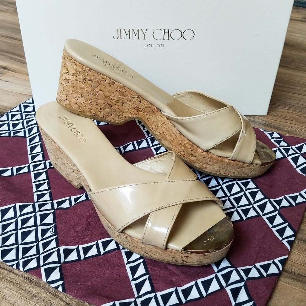 Jimmy Choo "Panna" Patent Leather Nude Sandal